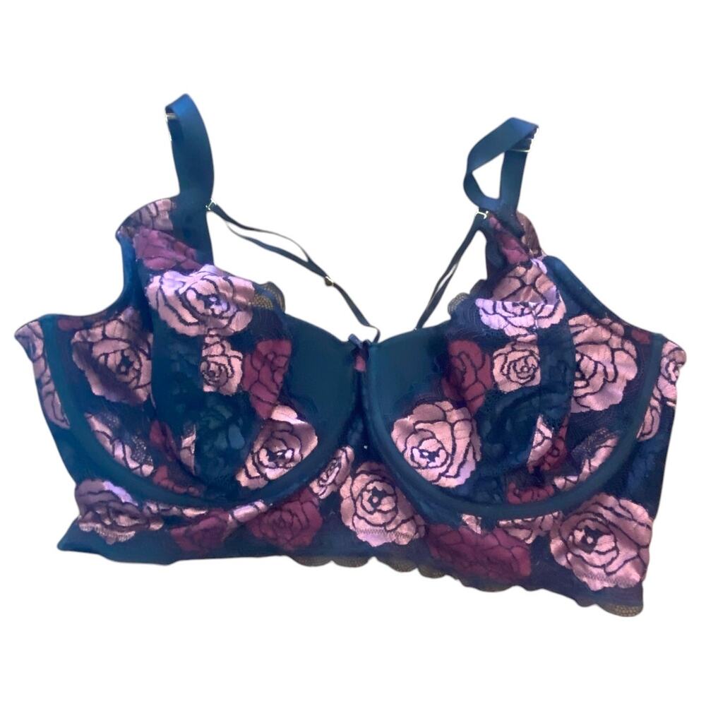 Cacique Bra 44F Pink Roses Black Lace Adjustable Straps Padded Cups Sexy